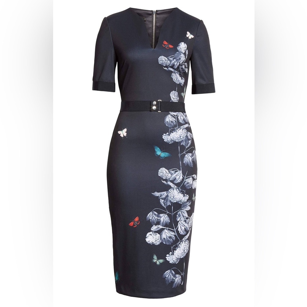 Ted Baker Niliano Narrnia Butterfly Floral Black Sheath Midi Dress